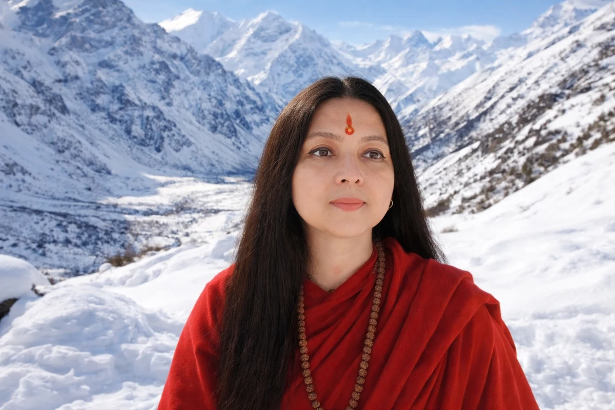 Yogini Brahmanshi in red attire with the Himalayas behind her